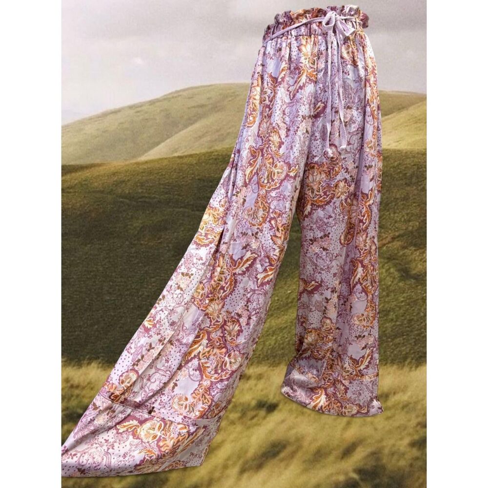 Free People Boho Cottage Feminine Paisley Luxury Silky Lounge PJ Pants